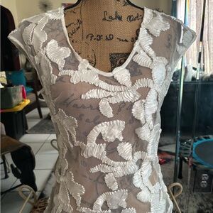 Sheer Embroidered Floral Appliqué Top - White